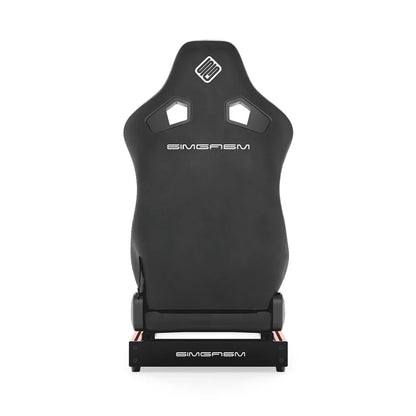 SIMGASM Club red sim racing cockpit, black reclining seat, rear view of seat shell