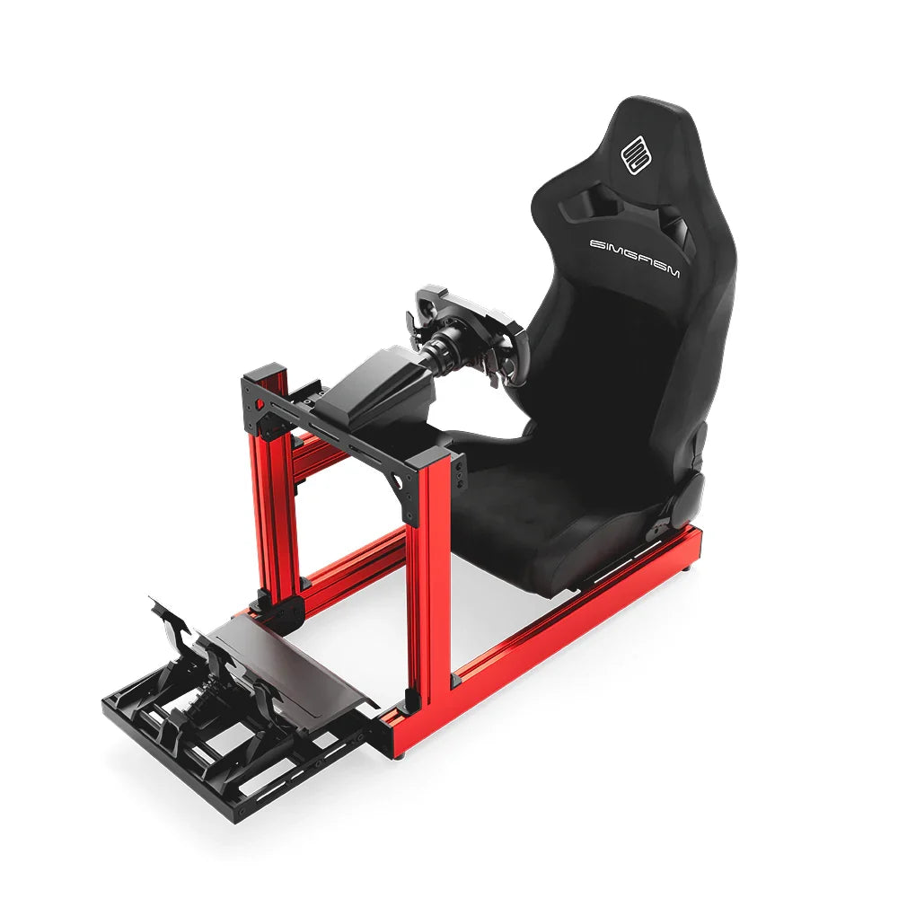 SIMGASM Club red sim racing cockpit, black reclining seat and MOZA wheel base, elevated front studio view