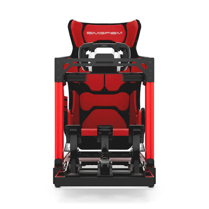 SIMGASM Club red sim racing cockpit, red GT seat and MOZA wheel base, straight front studio view