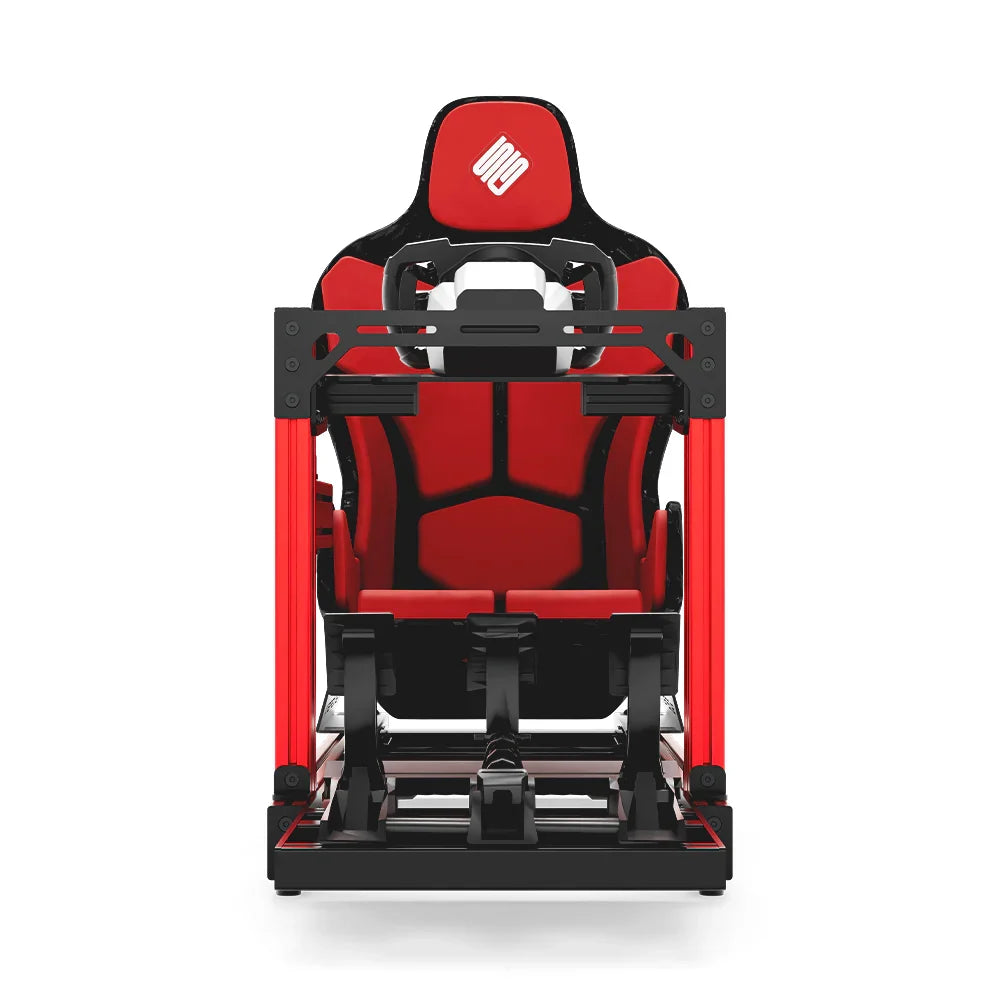 SIMGASM Club red sim racing cockpit, red Formula seat and MOZA wheel base, straight front studio view