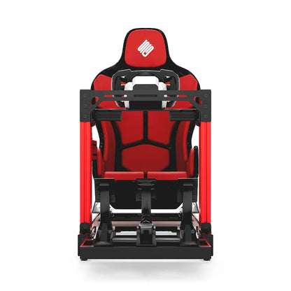 SIMGASM Club red sim racing cockpit, red Formula seat and MOZA wheel base, straight front studio view
