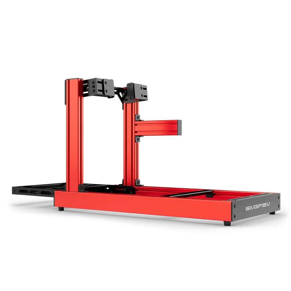 SIMGASM Club red sim racing cockpit, side-mount wheel brackets, side-profile studio view