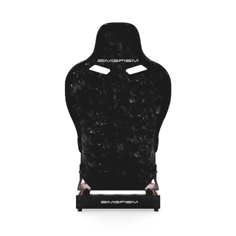 SIMGASM Club red sim racing cockpit, Forged Carbon Look Formula seat, rear view of seat shell