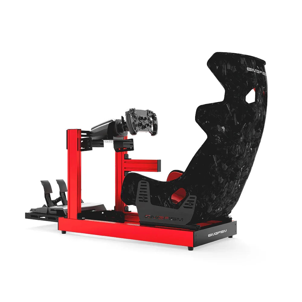SIMGASM Club red sim racing cockpit, Forged Carbon Look GT seat and MOZA wheel base, side studio view showing seat back