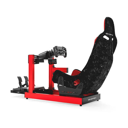 SIMGASM Club red cockpit, Forged Carbon Look Formula seat and MOZA wheel base, side studio view showing seat back