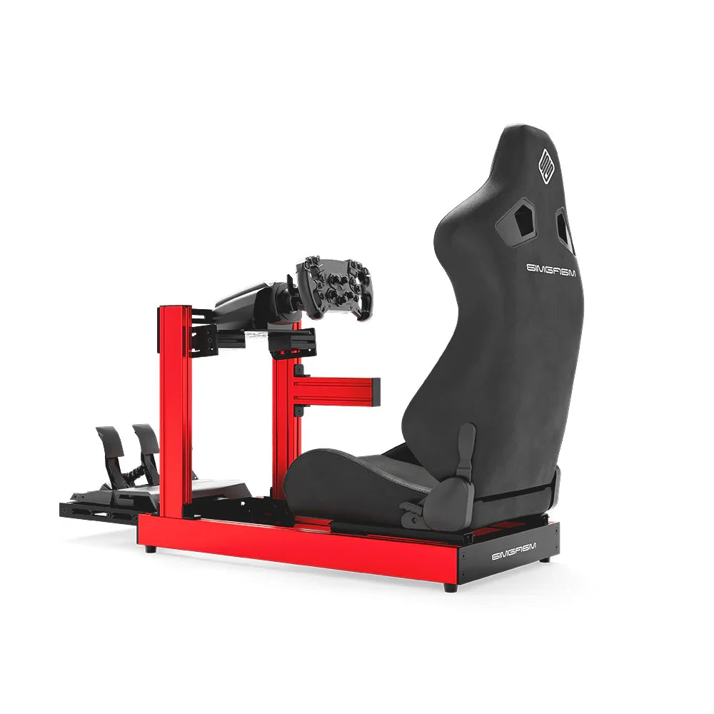 SIMGASM Club red sim racing cockpit, black reclining seat and MOZA wheel base, side studio view showing seat back