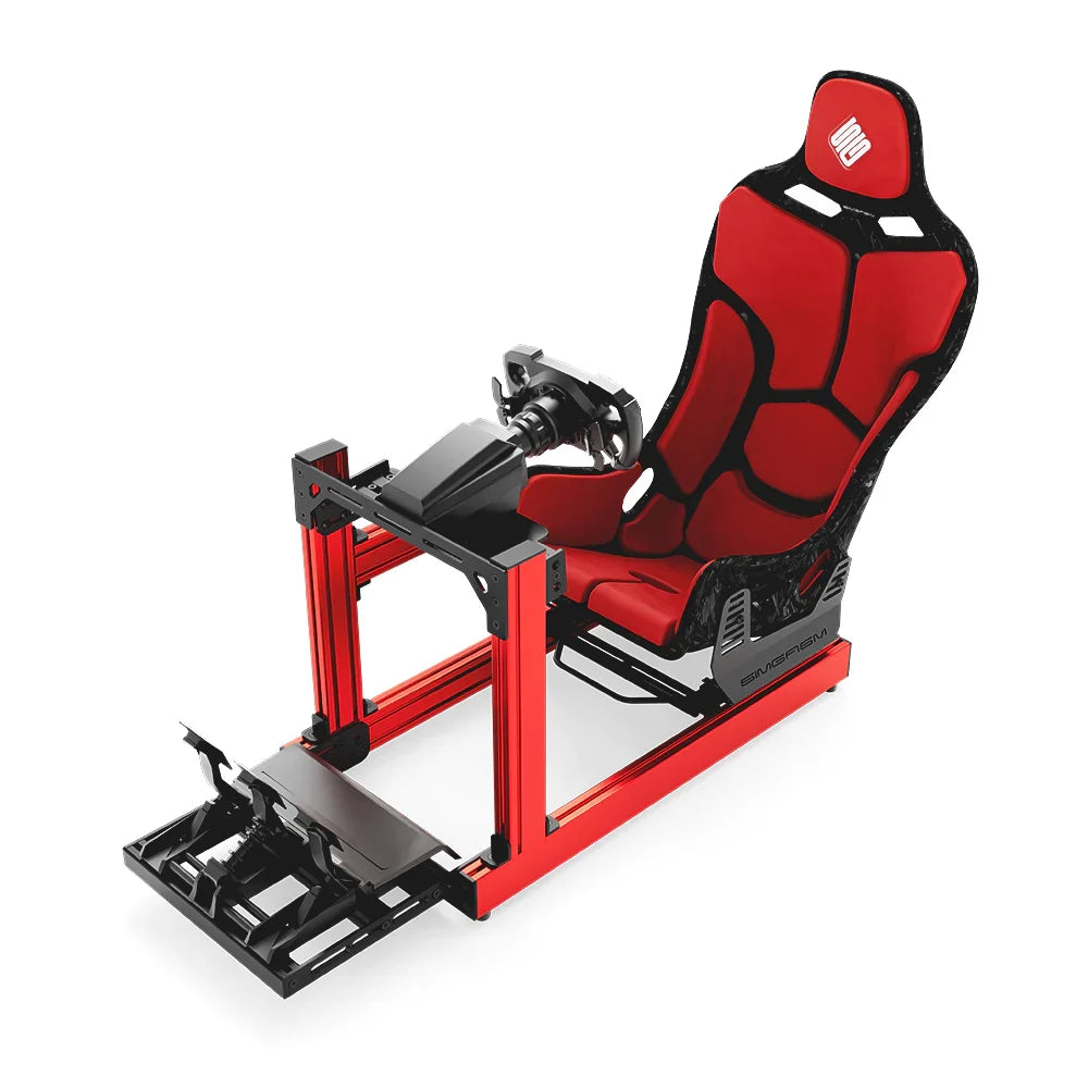 SIMGASM Club red sim racing cockpit, red Formula seat and MOZA wheel base, elevated front studio view
