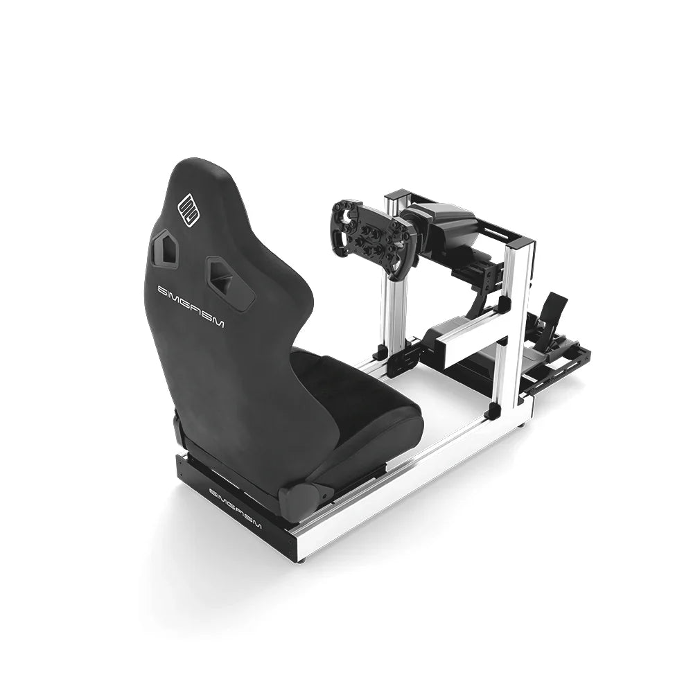 SIMGASM Club RothBros sim racing cockpit, black reclining seat and MOZA wheel base, elevated rear studio view