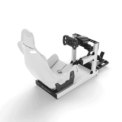 SIMGASM Club RothBros sim racing cockpit, white Formula seat and MOZA wheel base, elevated rear studio view
