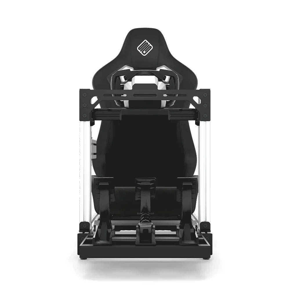 SIMGASM Club RothBros sim racing cockpit, black reclining seat and MOZA wheel base, straight front studio view