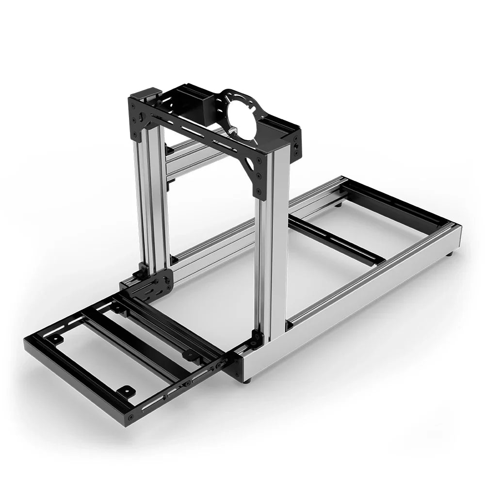 SIMGASM Club silver sim racing cockpit, front-mount wheel plate, pedal-end three-quarter studio view