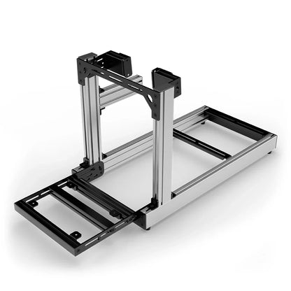 SIMGASM Club silver sim racing cockpit, side-mount wheel brackets, pedal-end three-quarter studio view