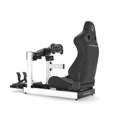 SIMGASM Club white sim racing cockpit, black reclining seat and MOZA wheel base, side studio view showing seat back