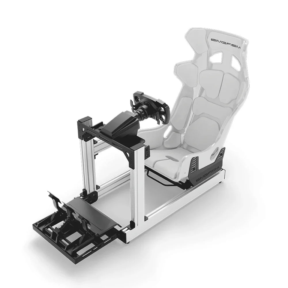 SIMGASM Club white sim racing cockpit, white GT seat and MOZA wheel base, elevated front studio view