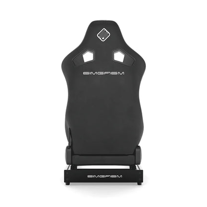 SIMGASM Club white sim racing cockpit, black reclining seat, rear view of seat shell