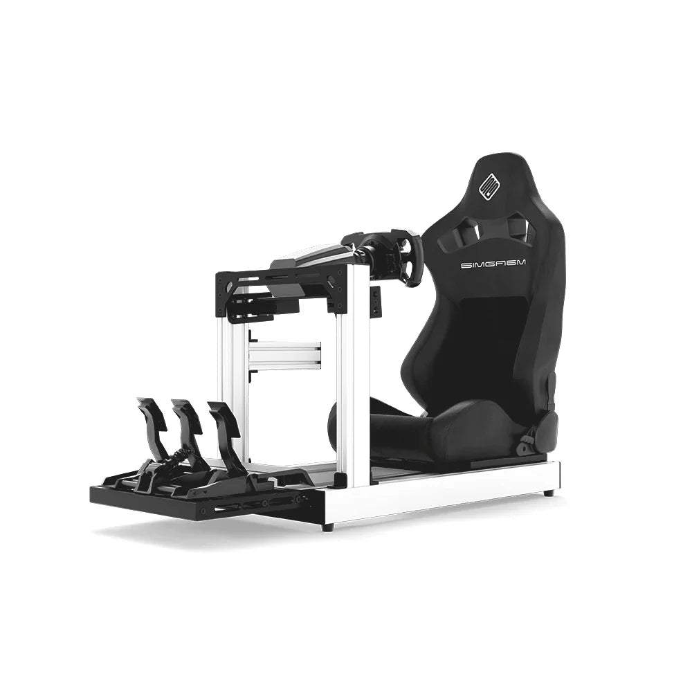 SIMGASM Club white sim racing cockpit, black reclining seat and MOZA wheel base, front three-quarter studio view