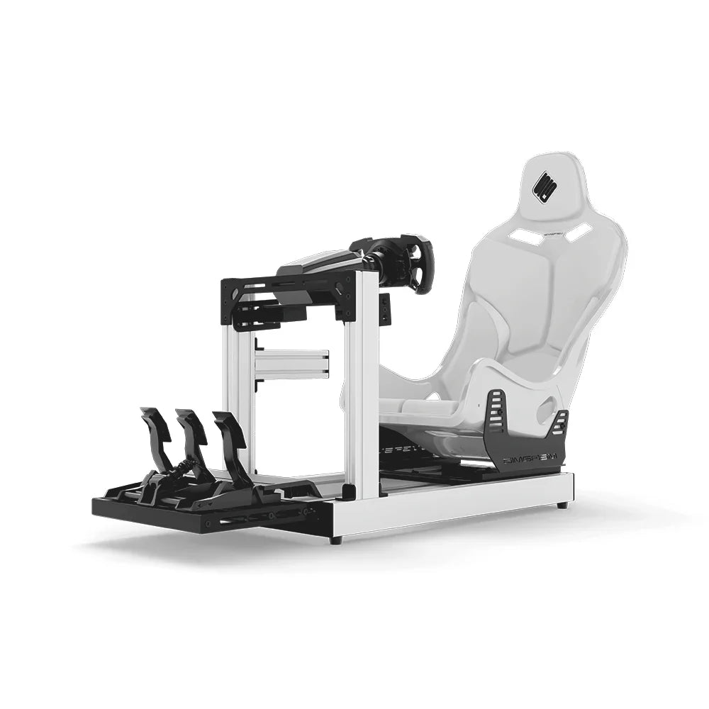 SIMGASM Club white sim racing cockpit, white Formula seat and MOZA wheel base, front three-quarter studio view