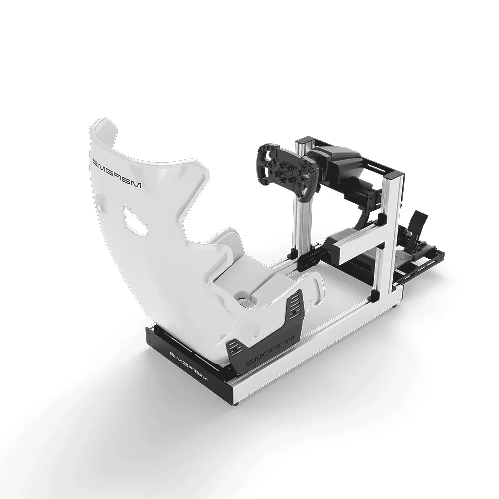 SIMGASM Club white sim racing cockpit, white GT seat and MOZA wheel base, elevated rear studio view