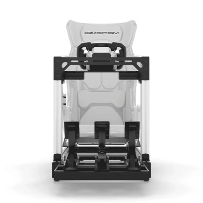 SIMGASM Club white sim racing cockpit, white GT seat and MOZA wheel base, straight front studio view