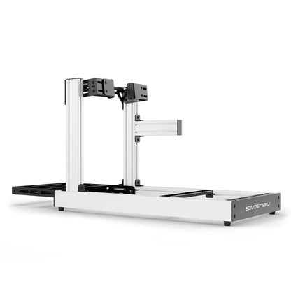SIMGASM Club white sim racing cockpit, side-mount wheel brackets, side-profile studio view