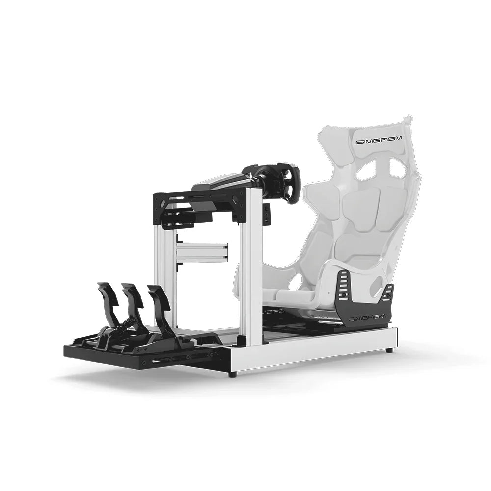SIMGASM Club white sim racing cockpit, white GT seat and MOZA wheel base, front three-quarter studio view