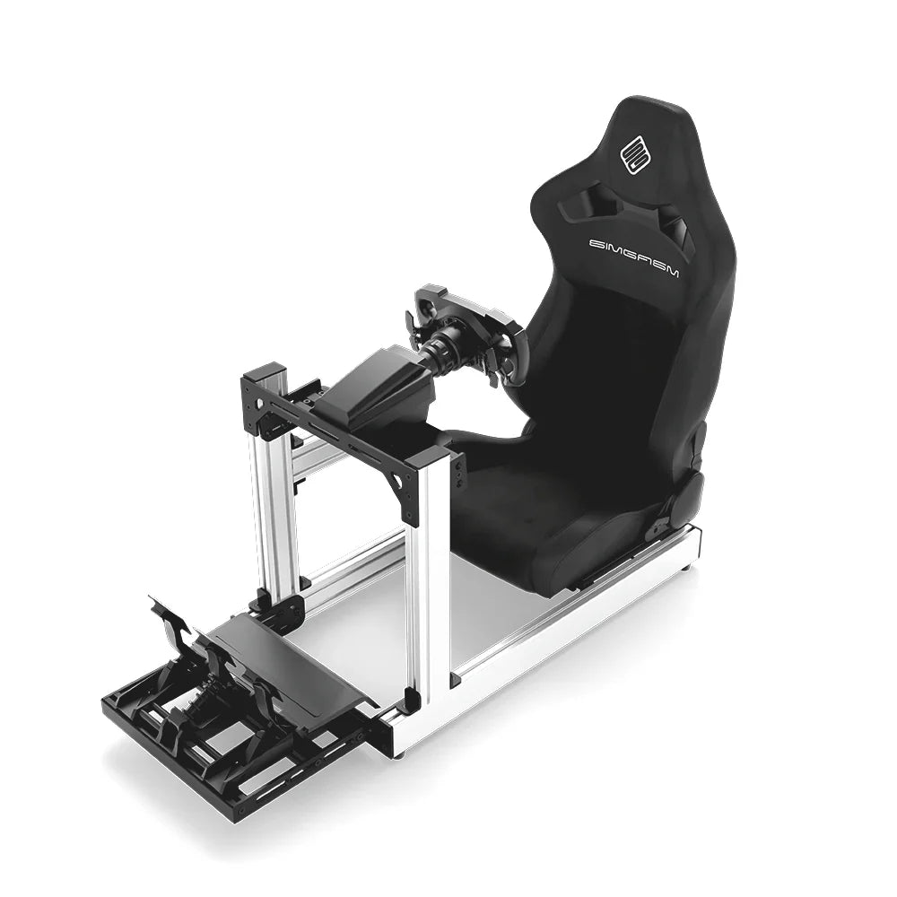 SIMGASM Club white sim racing cockpit, black reclining seat and MOZA wheel base, elevated front studio view