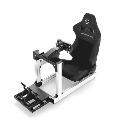 SIMGASM Club white sim racing cockpit, black reclining seat and MOZA wheel base, elevated front studio view