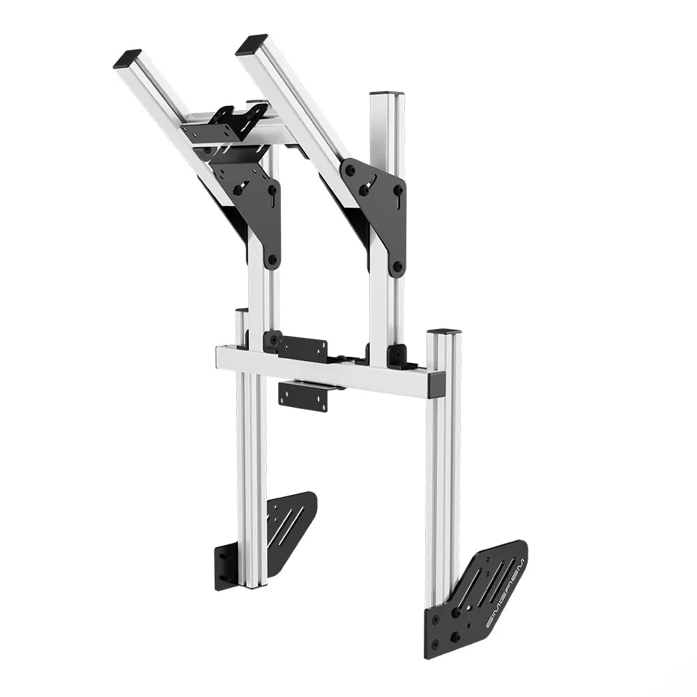 Left three-quarter product view of the white SIMGASM Core integrated double monitor stand with its VESA brackets