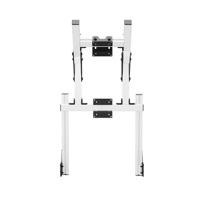 Straight-on product view of the white SIMGASM Core integrated double monitor stand with its VESA brackets