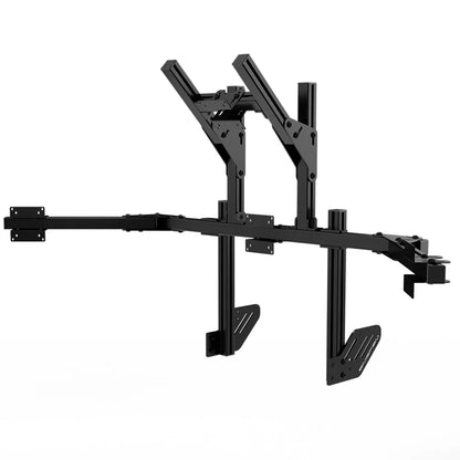 Three-quarter view of the black SIMGASM Core integrated quad monitor stand