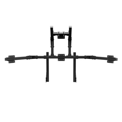 Straight-on view of the Core quad stand with four VESA plates on its curved crossbar