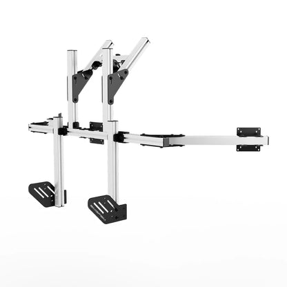 Right three-quarter product view of the white SIMGASM Core integrated quad monitor stand with its VESA brackets