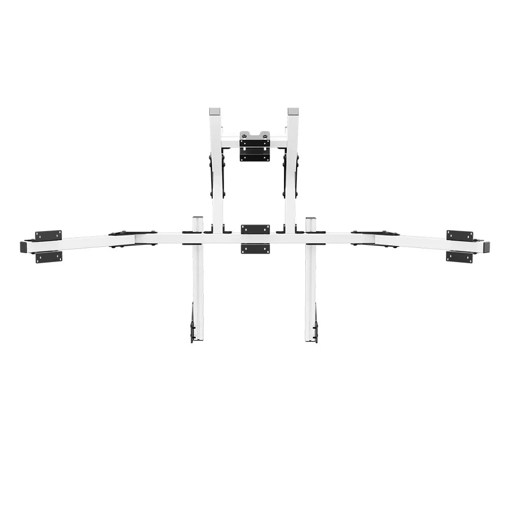 Straight-on product view of the white SIMGASM Core integrated quad monitor stand with its VESA brackets
