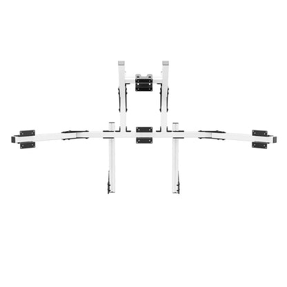 Straight-on product view of the white SIMGASM Core integrated quad monitor stand with its VESA brackets