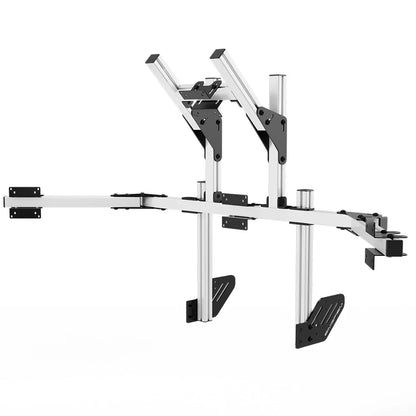 Left three-quarter product view of the white SIMGASM Core integrated quad monitor stand with its VESA brackets