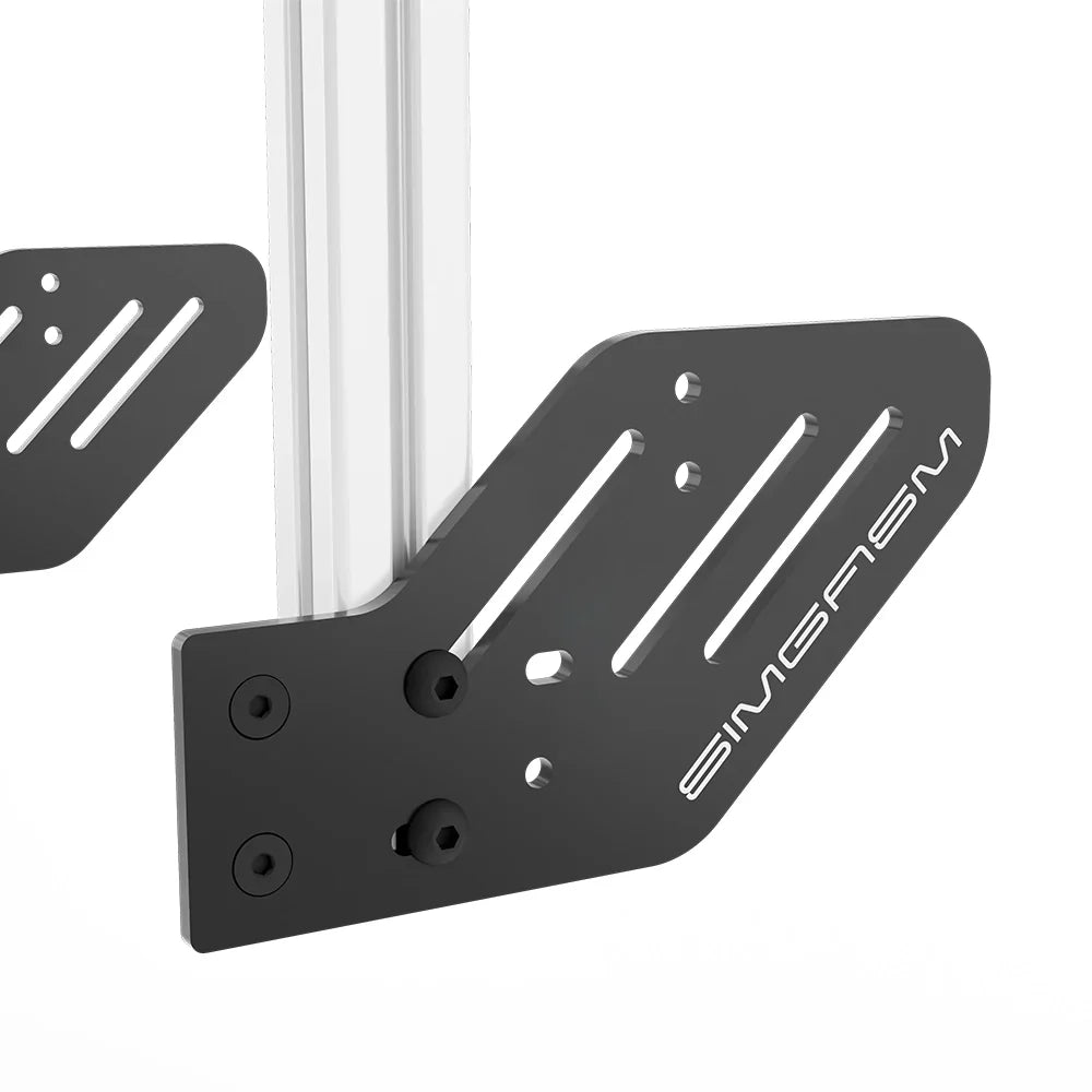 Close-up of the black side mounting plate attached to the white SIMGASM Core integrated quad monitor stand upright