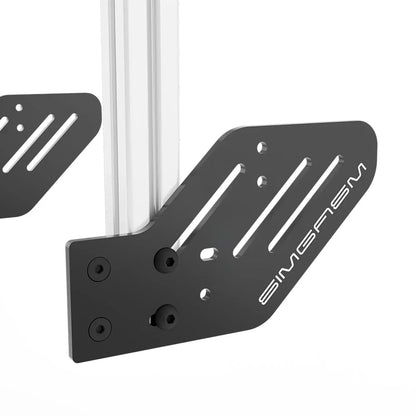 Close-up of the black side mounting plate attached to the white SIMGASM Core integrated quad monitor stand upright