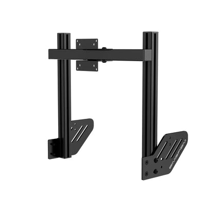 Angled view of the black SIMGASM Core integrated single monitor stand with VESA 75/100 plate and cockpit brackets