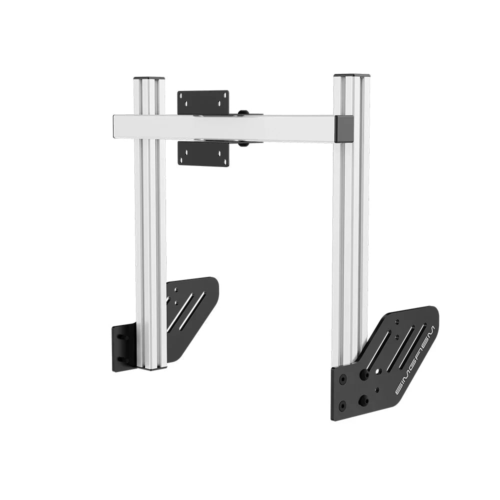 Left three-quarter product view of the white SIMGASM Core integrated single monitor stand with its VESA brackets