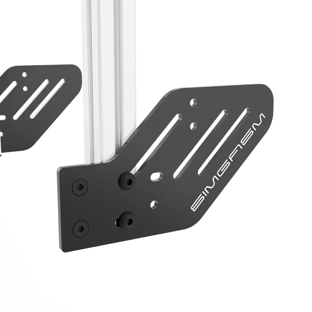 Close-up of the black side mounting plate attached to the white SIMGASM Core integrated single monitor stand upright