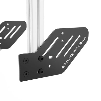 Close-up of the black side mounting plate attached to the white SIMGASM Core integrated single monitor stand upright