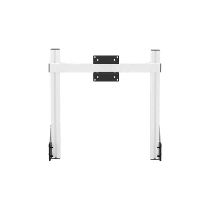 Straight-on product view of the white SIMGASM Core integrated single monitor stand with its VESA brackets