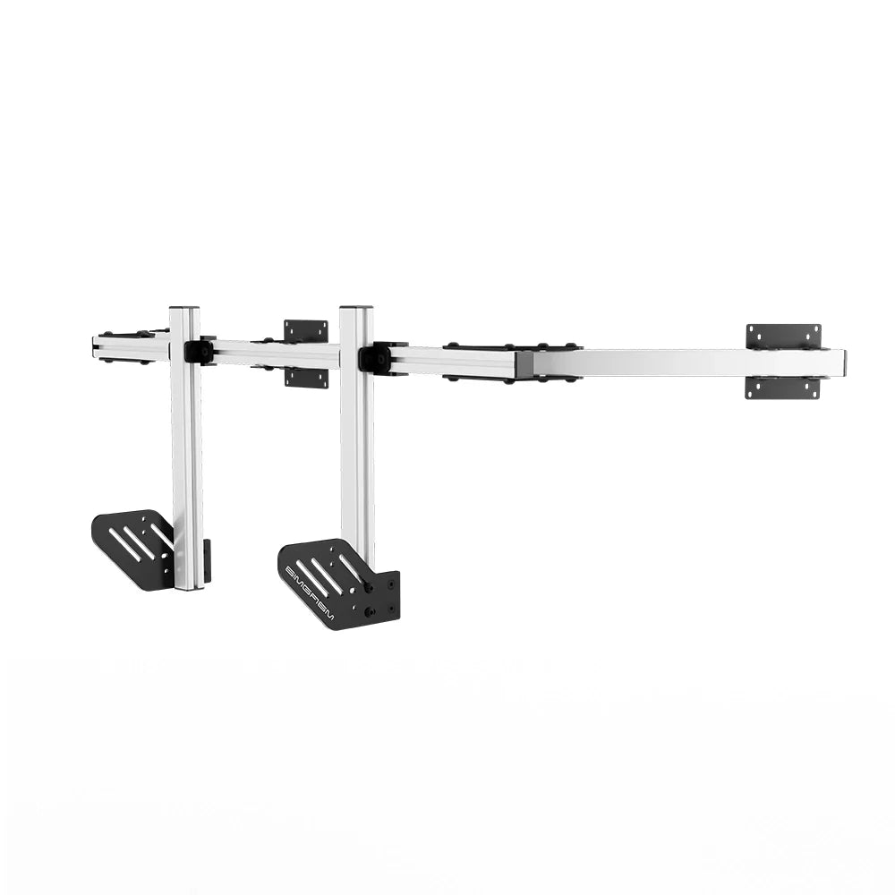 Right three-quarter product view of the white SIMGASM Core integrated triple monitor stand with its VESA brackets