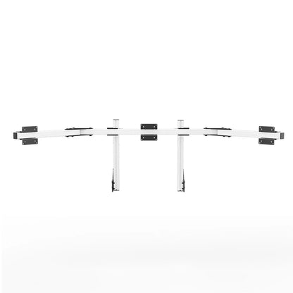 Straight-on product view of the white SIMGASM Core integrated triple monitor stand with its VESA brackets