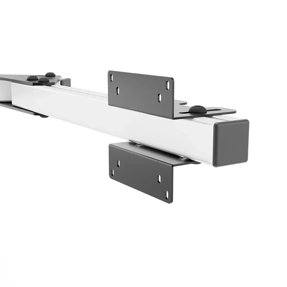 Close-up of the VESA brackets fitted to the white SIMGASM Core monitor-stand side-arm set