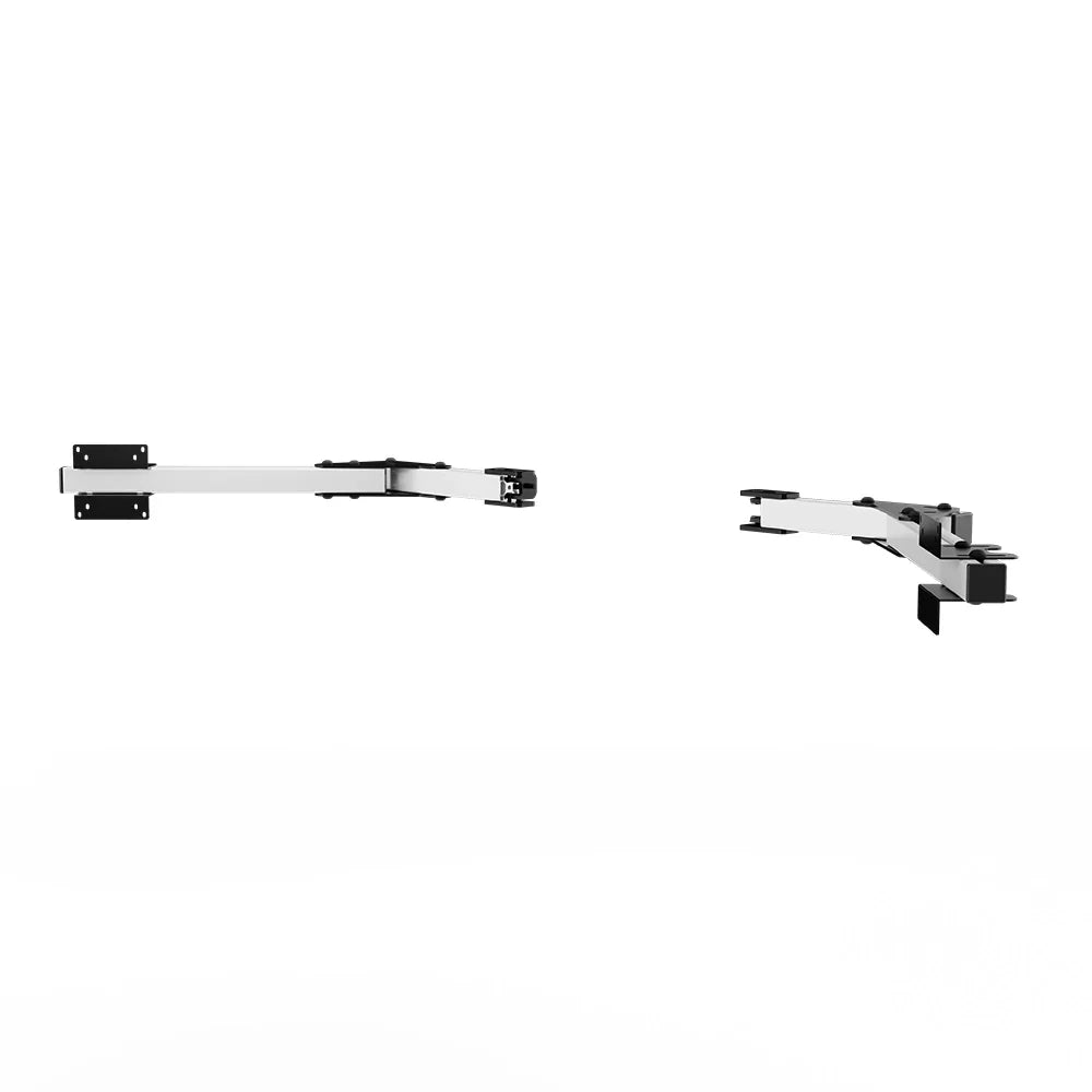 Left three-quarter product view of the white SIMGASM Core monitor-stand side-arm set with its VESA brackets