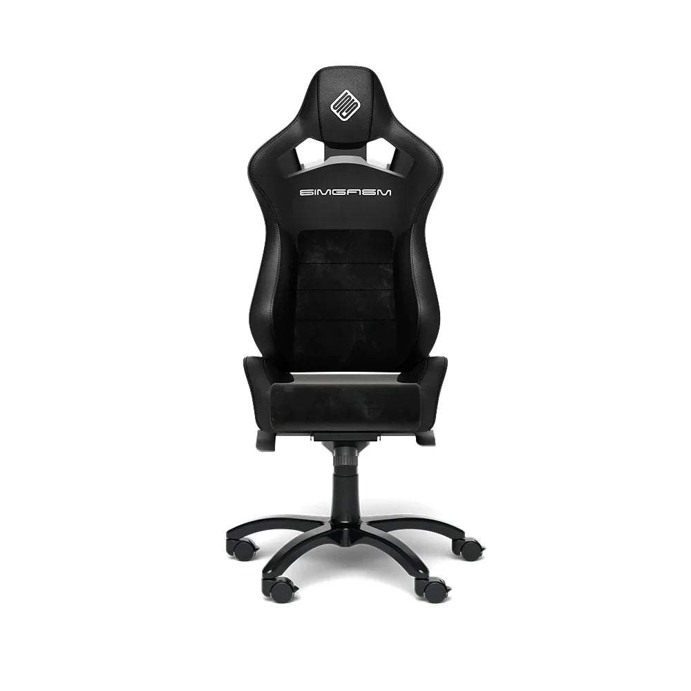Front view of the black SIMGASM Core reclining office chair on its five-wheel base