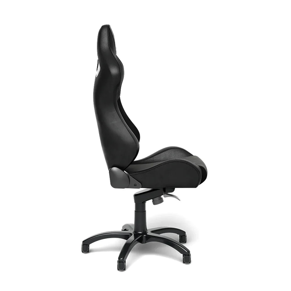 Side profile of the black SIMGASM Core reclining office chair and caster base