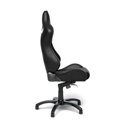 Side profile of the black SIMGASM Core reclining office chair and caster base