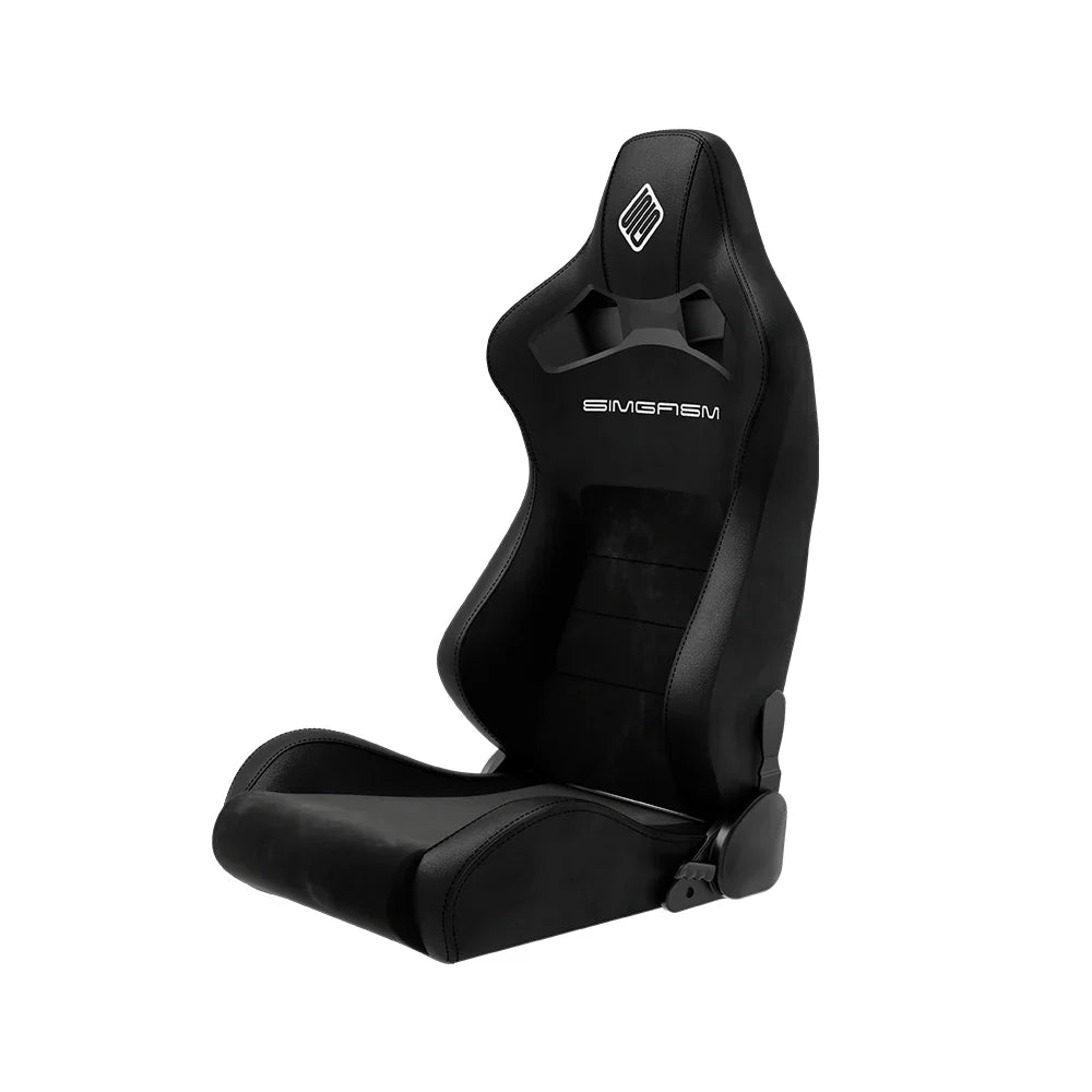 Front-left three-quarter view of the black SIMGASM Core reclining sim racing seat